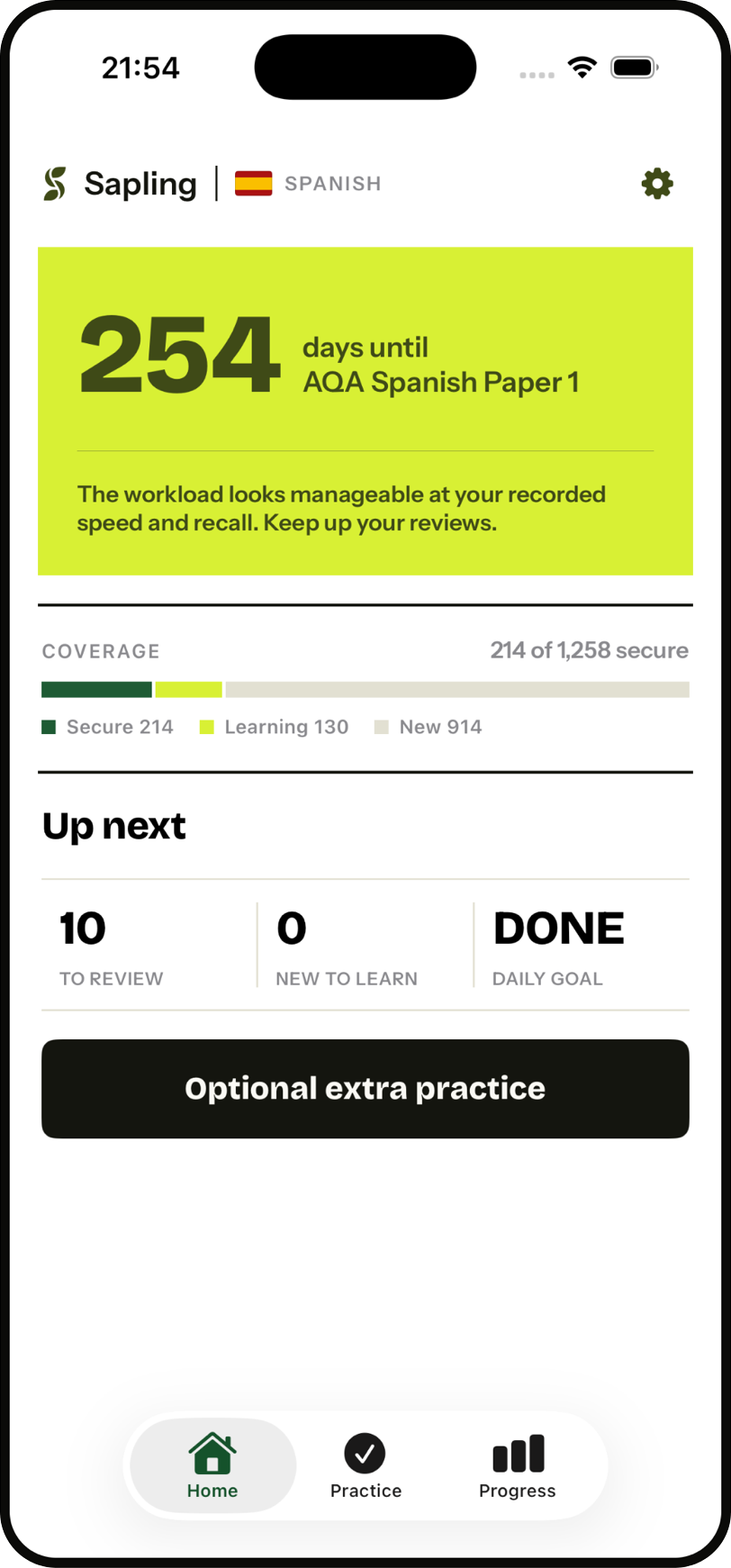 Sapling home screen: 254 days until AQA Spanish Paper 1, a coverage bar showing 214 of 1,258 words secure, and today's review count.