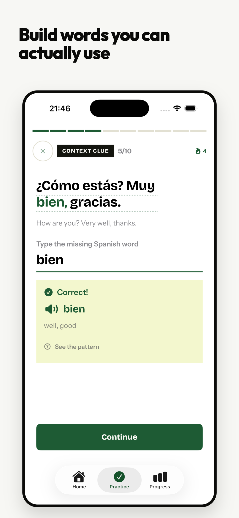 A context-clue exercise: typing the missing Spanish word into a sentence, marked correct.