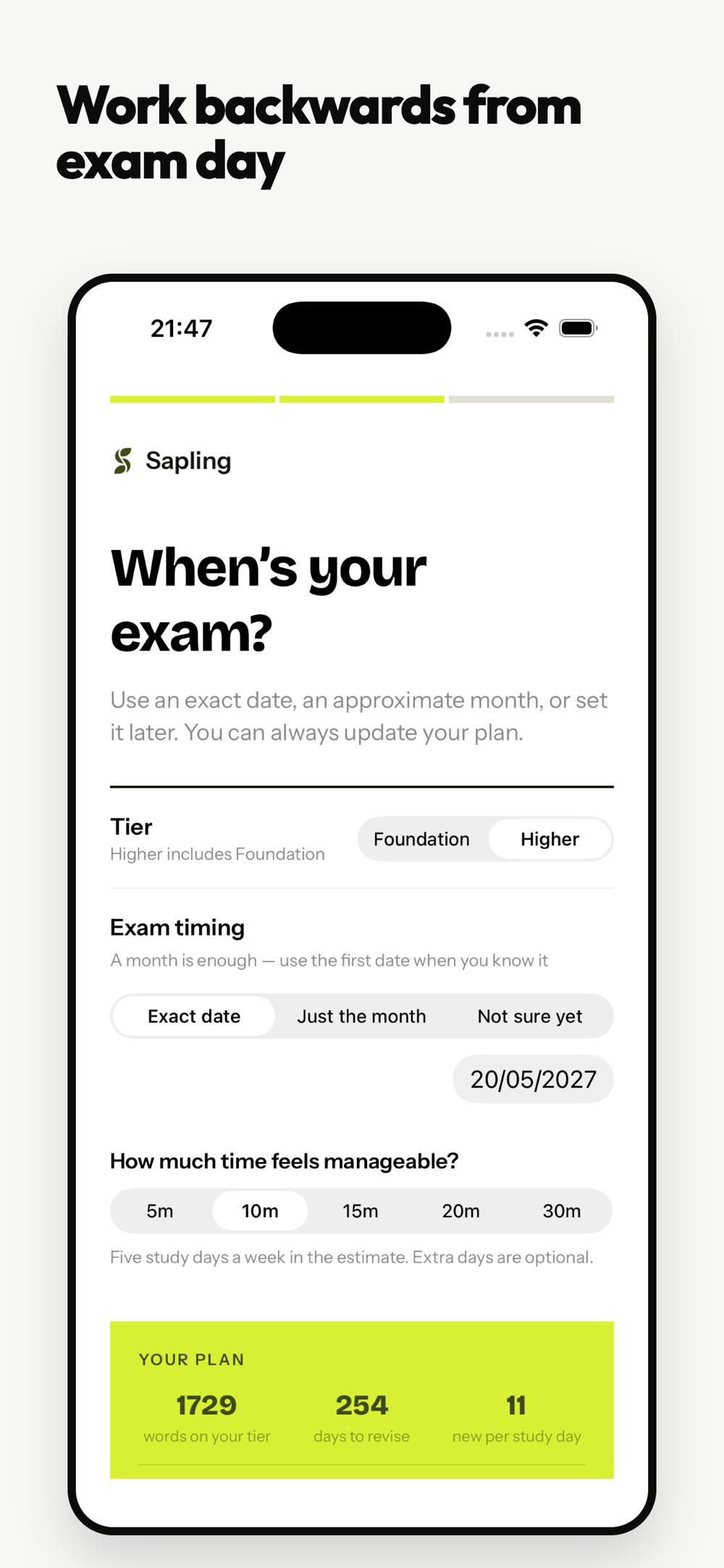 Exam setup: choosing Foundation or Higher, an exam date, and a daily time budget, with the resulting plan.